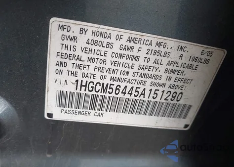 2005 Honda Accord 2.4 Lx z USA, uszkodzony, nr VIN 1HGCM56445A151290